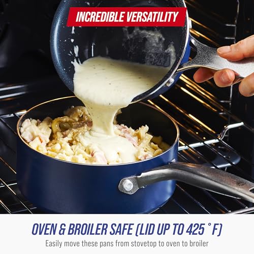 Blue Diamond Nonstick 2QT Saucepan with Lid, Non Toxic PFAS-Free Diamond Ceramic, Dishwasher & Oven Safe, Metal Utensil Safe Pot, Stay Cool Handle, Chef Pan, Glass Lid, Blue