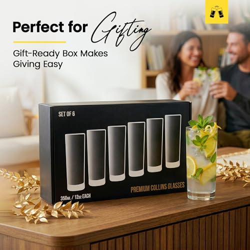 LEMONSODA Premium Highball Glass Set | Tom Collins Glasses 12oz Set of 6 | Lead-Free Glass with Heavy Base | Dishwasher Safe Cocktail Glasses for Mojito Whiskey Iced Tea | Modern Durable Bar Glassware