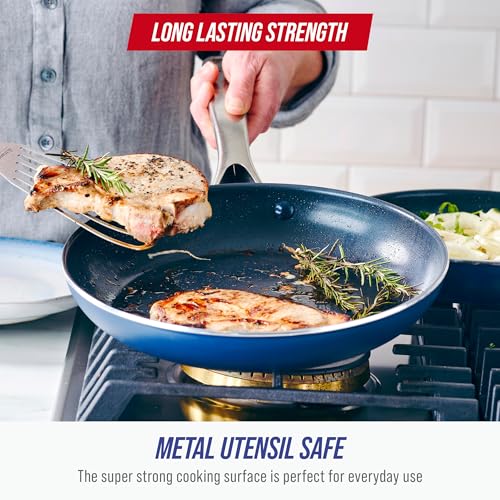 Blue Diamond 10" Nonstick Frying Pan Skillet, Diamond Infused PFAS-Free Ceramic Pot, Dishwasher & Oven Safe, Stay Cool Handle, Durable Non Toxic Metal Utensil Safe, Egg & Omelet Pan, Blue