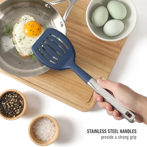 Calphalon Prime 7-Piece Silicone and Teak Wood Kitchen Tool Set, Stainless Steel Kitchen Utensil Set, Kitchen Spoon And Spatula Set, Heat Resistant Non-Slip Kitchen Gadgets Set - Navy Blue