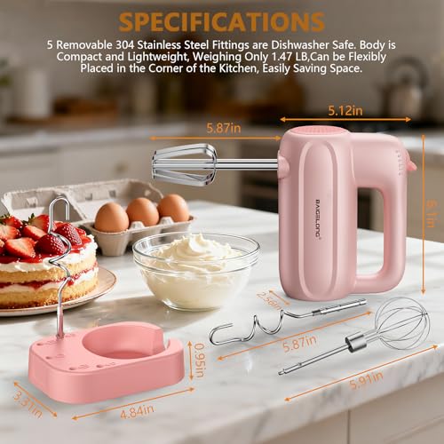 BAIGELONG Hand Electric Mixer, 5-Speed KitchenMixer with 5 * 304 Stainless Steel Attachments + Storage Base, Food Handheld Mixer for Baking, Whipping Cream, Cake Mixing, Pink