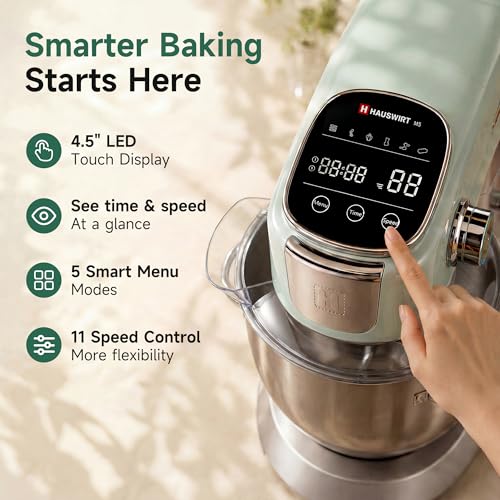 Hauswirt Stand Mixer Silent with LED Touch Screen, 5.3QT XL Large Mixers Kitchen Electric Stand Mixer for Household, 500W DC Motor 11-Speed for Bread Pasta Meat – Lake Green