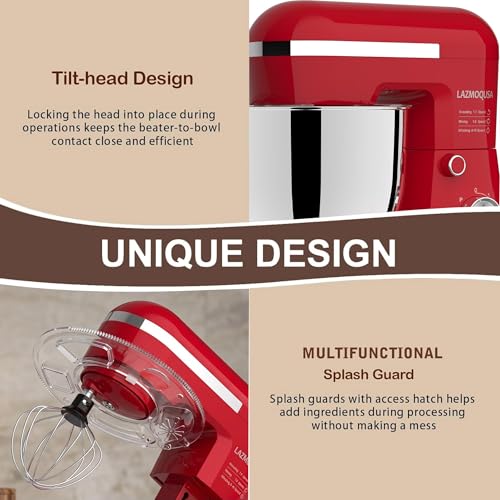 LAZMOQUSA 6in1 Stand Mixer with 6.5 Quart Bowl, 660W 10+p Speeds Kitchen Food Mixer Tilt-Head Bread Dough and Cake Mixers for Home Daily Use (Red)