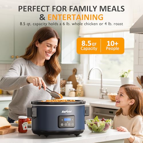 Sunvivi 8.5 Quart Programmable Slow Cooker: Multi-Cooker Food Warmer with Locking Lid & Digital Timer, Adjustable Tempature Control, Dishwasher Safe, Perfect for Families and Gatherings, Blue