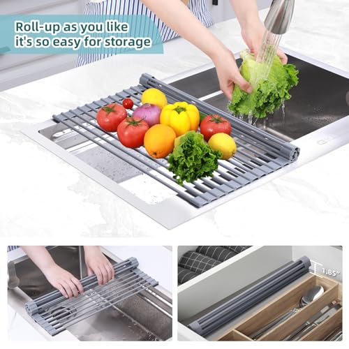 Ohuhu Roll Up Dish Drying Rack, Over The Sink Multipurpose Roll-Up Dish Racks, 16.5" W x 13" L Rolling Heat-Resistant Anti-Slip Silicone Coated Dish Drainer Portable Foldable for Kitchen Counter