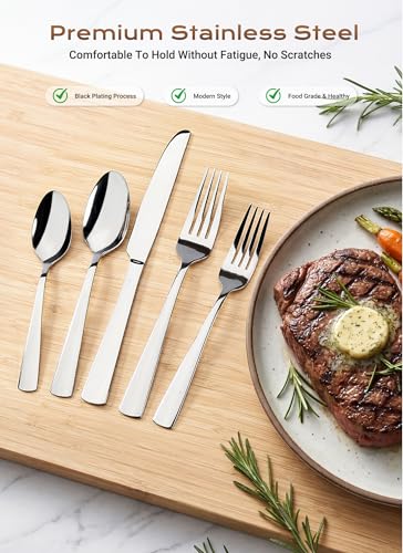 45-Piece Flatware Sets, Silverware Set for 8, Durable Stainless Steel Tableware in Ergonomic Design Size and Weight, Kitchen Utensils Set with Steak Knives, Rust-proof, Dishwasher Safe
