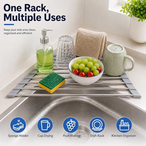 ERIUZB Triangle Roll Up Dish Drying Rack Over Sink, Silicone Wrapped Anti Slip Sink Organizer, Rust Proof Corner Dish Rack, Foldable Heat Resistant Kitchen Sink Organizer for Small Kitchens