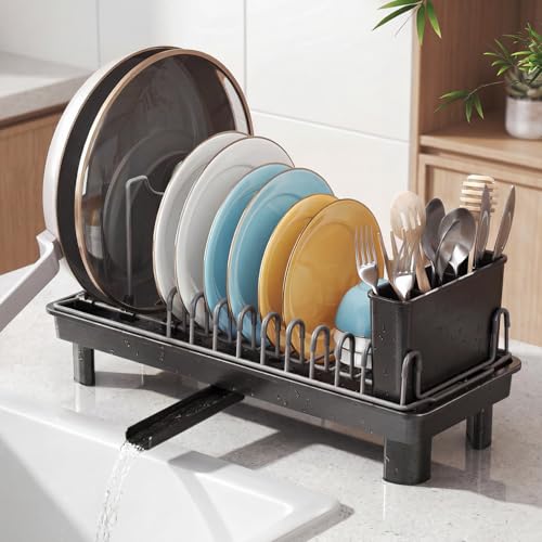 Nfnoyp Small Dish Drying Rack Carbon Steel Dish Rack Rustproof for Kitchen Counter Compact Dish Drainer with Adjustable Slots for Small Kitchens & Apartments 16.5×6.5×7inch Black