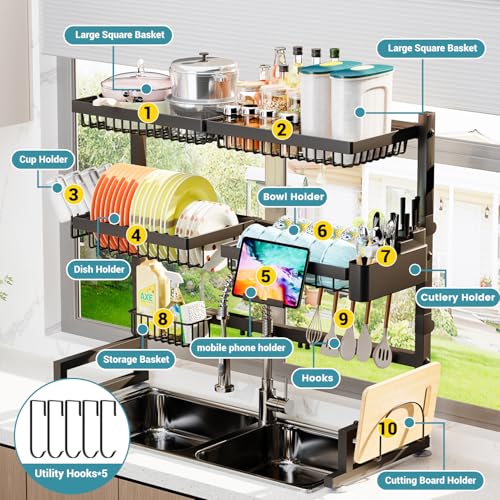 ADBIU Over The Sink Dish Drying Rack (Expandable Height and Length) Snap-On Design 2 Tier Large Dish Rack (27-40L x 12W x 32.5-37H (inches))
