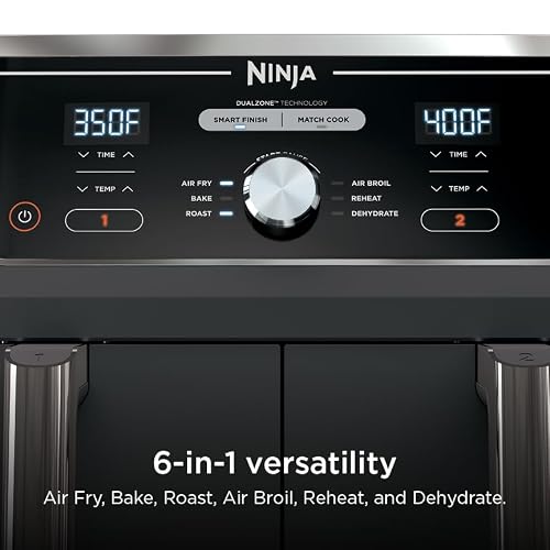 Ninja DZ401 Foodi 10 Quart 6-in-1 DualZone XL 2-Basket Air Fryer with 2 Independent Frying Baskets, Match Cook & Smart Finish to Roast, Broil, Dehydrate for Quick, Easy Family-Sized Meals, Grey