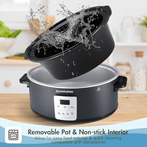 SpoonLemon 7QT Slow Cooker, Electric Programmable Cooker with 20H Timer & 3 Heat Settings, Oval Ceramic Pot — Ideal for Family Meals & Meal Prep, Compatible with 20 Count 13"x21" Cooking Liners