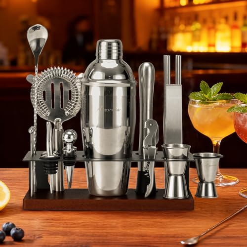 23-Piece Bartender Kit, Cocktail Shaker Set with Stand | Bar Set Drink Mixer Set with All Essential Bar Tools: Martini Shaker,Bar Mixer Spoon, Jigger, Strainer, Muddler, Pourers, for Home, Bar, Party