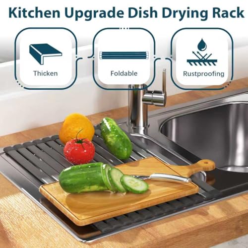 KABUM 17.72x11.81 Heavy-Duty Aluminum Alloy Roll Up Dish Drying Rack, Food-Safe Coating with Anti-Skid Silicone, Extra Wide & Thickened Sink Drying Rack for Kitchen Counter, Space-Saving Organizer