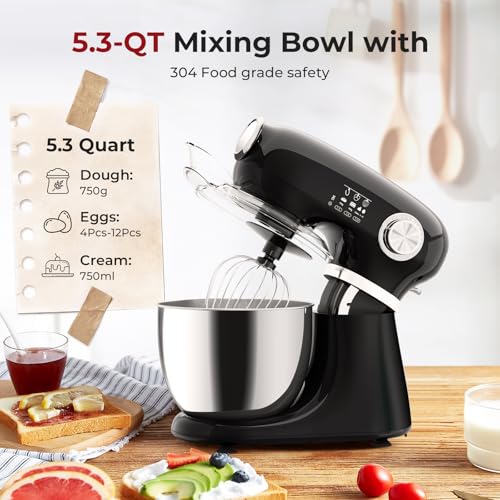 HAVATO Stand Mixer,12 Speed Tilt-Head Electric Mixer With 5.3 Quart Stainless Steel Mixing Bowl,Kitchen Mixer With Egg Whisk, Dough Hook, Beater & Baking Spatula, BLACK