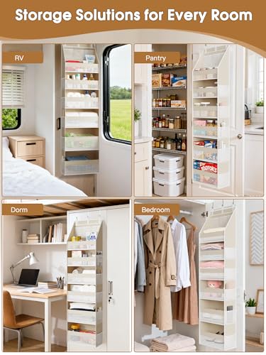 Criusia Over the Door Organizer, 6-Shelf Closet Hanging Storage with 13 Mesh Pockets, 55lbs Capacity Behind the Door Storage for Baby Nursery, Bathroom, Bedroom, and Dorm, Beige