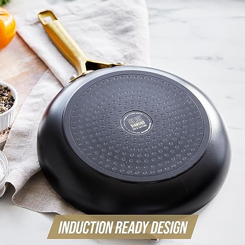 Blue Diamond 8" Nonstick Frying Pan Skillet, Diamond Infused PFAS & PTFE-Free Ceramic Pot, Dishwasher & Oven Safe, Gold Handle, Induction, Non Toxic Metal Utensil Safe, Egg & Omelet Pan, Black
