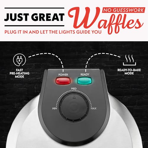 Gourmia Belgian Waffle Maker – Compact Design with Upright Storage, Adjustable Browning, and Easy-Clean Nonstick Ceramic Plates, Stainless Steel