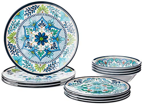 Talavera Melamine 12-Piece Dinnerware Set – Multicolored Plates and Bowls for 4, Spanish Tile-Inspired, Durable, Lightweight, Shatterproof, Dishwasher Safe, Indoor Outdoor Tableware