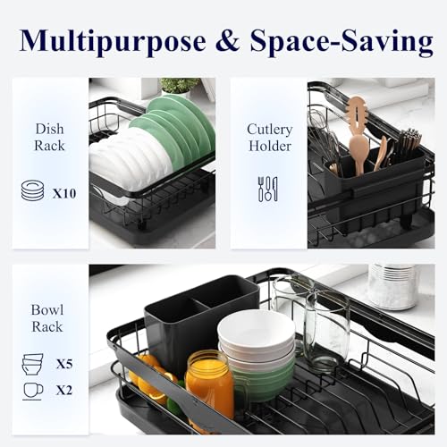 Kitsure Dish Drying Rack for Kitchen Counter, 12.2''W x 15.7''~23''L, Black