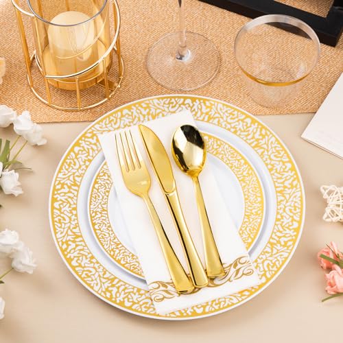 Bestluck 700PCS Gold Plastic Dinnerware Set for 100 Guests, Disposable Plates for Party, Include 100 Gold Dinner Plates, 100 Dessert Plates, 100 Set Silverware, 100 Cups, 100 Napkins