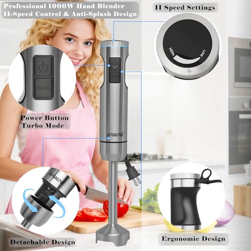 Handheld Immersion Blender Bundle, 1000W Powerful 12-in-1 Set for Smoothies,Orange Juicer,Minced meat,Milk frother,Egg Beater, Dough Hook, Vegetable Chopper, Potato Masher