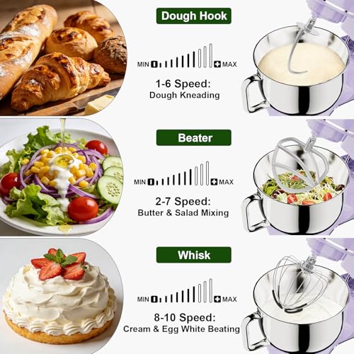 Camic Electric Stand Mixer,7.45 QT,10 Speeds with Dough Hook,Whisk, Flat Beater Attachments, Splash Guard, Easy-Carry Top Handle,3-IN-1 Kitchen Mixer for Baking Cakes Cookie Bread Salad (Purple)