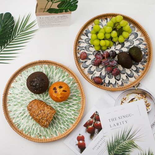Aayoruro Round Rattan Tray with Mother of Pearl Inlay, Decorative Wicker Serving Tray with Wooden Base, Woven Basket Trays for Bread Fruits Coffee, Leaf