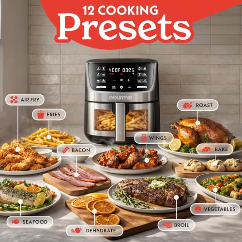 Gourmia Air Fryer - 7 Qt Large Capacity with LED Display, 12 One-Touch Presets, FryForce 360° Technology, Nonstick Dishwasher-Safe Basket & Crisper Tray, Stainless Steel