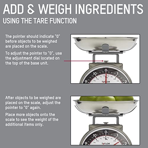 Taylor Mechanical Kitchen Food Scale with Bowl, Weighs Up to 11lbs, Measures in Grams and Ounces, Analog Cooking Scale for Baking, Black and Silver