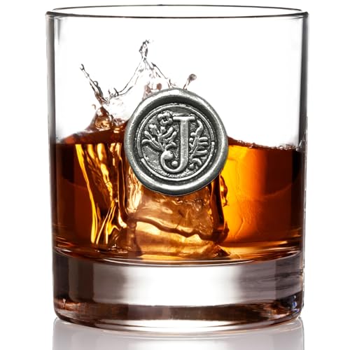 English Pewter Company 11oz Old Fashioned Whiskey Rocks Glass With Monogram Initial - Unique Gifts For Men - Personalized Gifts With Your Choice of Initial (J) MON110