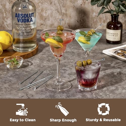 Metal Martini Cocktail Picks 9 Pcs, 4.1 in Olive Skewers Stainless Steel, Martini Garnish Sticks Reusable, Metal Toothpicks for Drinks, Appetizers, Bar Accessories Gift for Bartenders - Sliver
