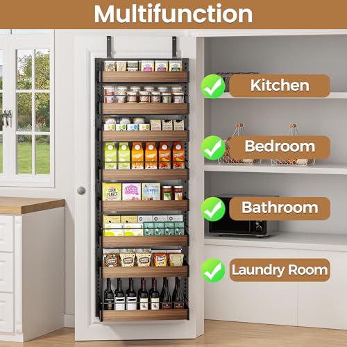 POKIPO 8 Tier Over The Door Pantry Organizer, 2 IN 1 Wall Mount or Hanging Spice Rack Seasoning Shelves with Adjustable Basket, Back of Door Organizer and Storage for Kitchen Cabinet and Room Closet
