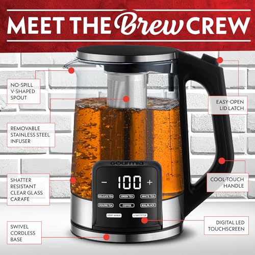 Gourmia Electric Glass Kettle – 1.7L Programmable Tea & Coffee Brewer with Digital Touch Display, 6 Presets, Removable Stainless Steel Infuser, Cordless with 360° Swivel Base, Black
