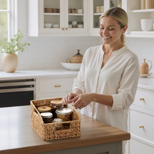 StorageWorks Pantry Baskets for Organizing, Wicker Basket with Built-in Handles, Handwoven Wicker Storage Baskets, Water Hyacinth for Shelves, 2 Pack