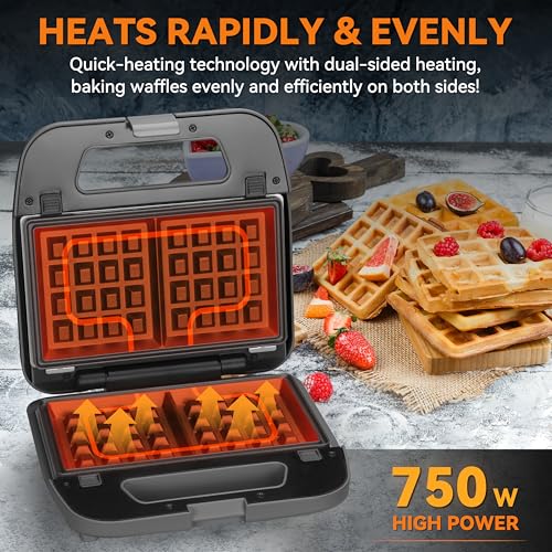 Baker’s Friend 3 in 1 Mini Waffle Maker with Removable Plates, Dual Waffle & Pancake and Grill Plates, Breakfast Sandwich Maker Press, Dishwasher Safe, Non-stick Coating, Graphite