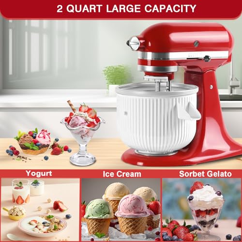 Ice Cream Maker Attachment for KitchenAid Stand Mixer, Compatible with 4.5/5QT & 6QT Stand Mixers, 2 Quart Frozen Kitchenaid Ice Cream Maker Attachment Ice Cream Bowl for Yogurt/Sorbet Gelato
