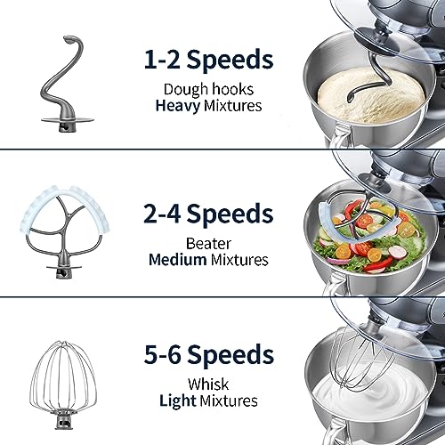 GEFT Stand Mixer, 6 QT 600W Tilt-Head Dough Mixer, 6+P speed Mixers Kitchen Electric Stand Mixer with Stainless Steel Bowl, Dishwasher-Safe Dough Hook, Flat Beater, Wire Whisk, Splash Guard, Grey