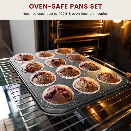 Terlulu 10-Piece Baking Pans Set, Bakeware Sets Nonstick, Baking Set for Oven Cooking, Stackable Carbon Steel Set Include Cookie Sheets, Muffin Pan, Cake Pan, Pizza Pan, Loaf Pan, Roasting Pan, Black