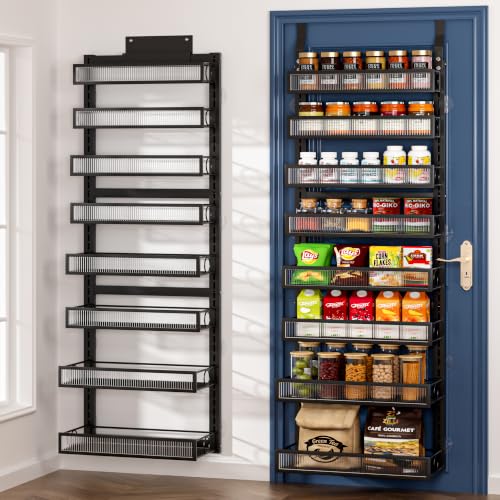 Clothink Over the Door Pantry Organizer 8 Tiers Hanging Door or Wall Mounted Spice Rack with Adjustable Acrylic Basket,Heavy Duty Metal Seasoning Storage Shelf for Kitchen Pantry and Bathroom