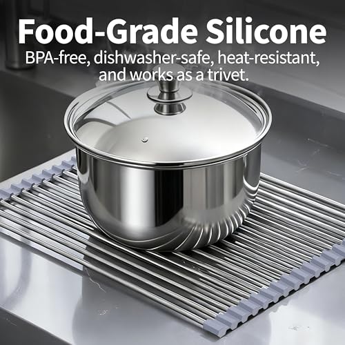 TYZUIAW Roll Up Dish Drying Rack for Over Sink -17.5"x11.8" Foldable Stainless Steel Kitchen Drainer，Gray