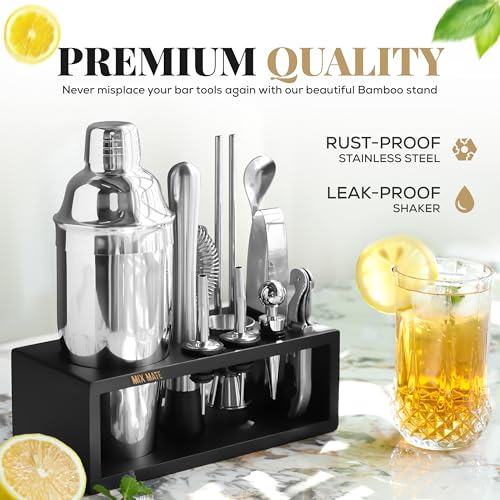 Mixology Bartender Kit with Stand - 15 Piece Bar Tool Set, Silver Bar Set Cocktail Shaker Set for Drink Mixing - Includes Martini Shaker, Jigger, Strainer, Bar Mixer Spoon, Tongs, Opener | Gift Idea
