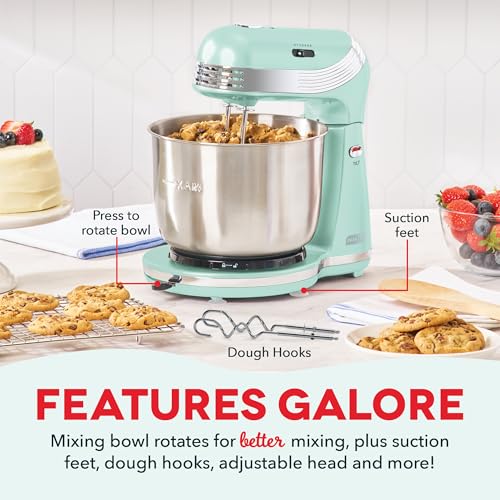 Dash Everyday Stand Mixer - Compact Tilt-Head Stand Mixer for Everyday Recipes - 6-Speed Power with Stainless Steel Bowl - Aqua, 3-Quart