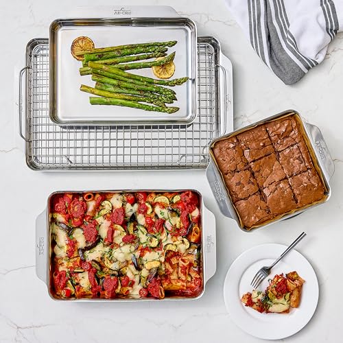 All-Clad Stainless Steel Baking Pans 5-Piece Set-Tri-ply Bonded for Consistent Baking- Includes Square and Rectangular Baking Pans, Baking Sheets, & Cooling Rack- Professional Stainless Steel Bakeware