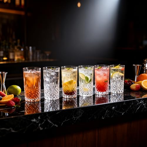 Vitrignis Tall Highball Glasses Set Of 6-14 Ounce Elegant Tom Collins Glasses - Textured Designer Glassware Set For Whiskey,Drinks, Water, Beer, Soda