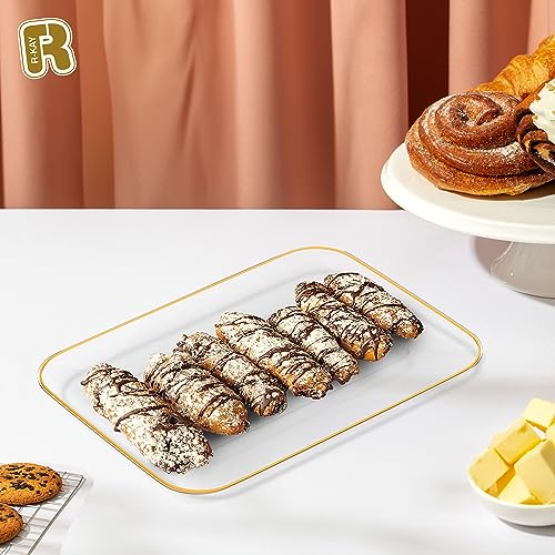 3 Pack Plastic Serving Trays for Party - Gold Serving Tray 8 x 11 Inch - Heavy Duty Dessert Trays for Food - Rectangular Party Serving Trays for Entertaining - Clear Cookie Platters