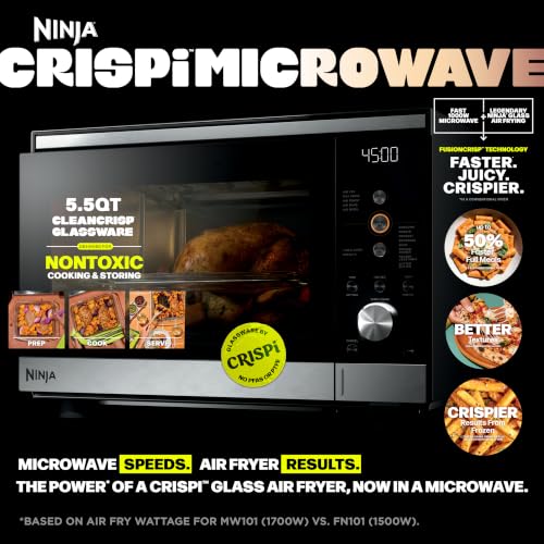 Ninja Crispi Microwave and Air Fryer with FusionCrisp, 14-in-1, 1000W, 0.9 Cu. Ft., Max Crisp, Roast, Bake, Broil, 8 Microwave Presets, Popcorn, Defrost, and more, PFAS-Free Glassware, Silver, MW101