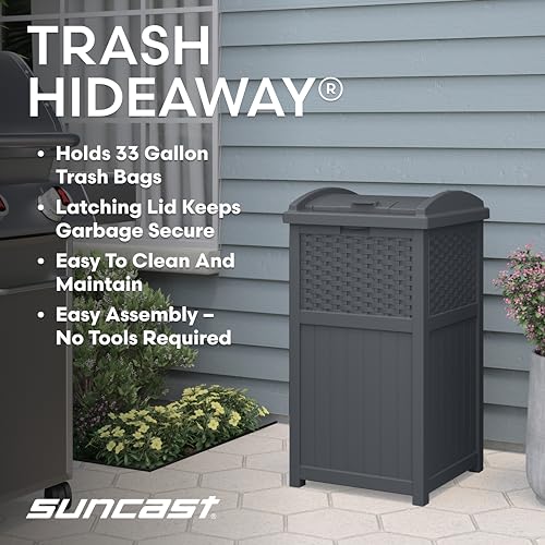 Suncast 33 Gallon Wicker-Style Hideaway Trash Can with Secure Latching Lid and Weather-Resistant Construction for Patio, Cyberspace Grey, Made in the USA