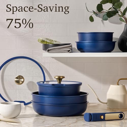 CAROTE Blue&Gold Ceramic Cookware Set Non Toxic, PFAS Free, 15Pcs Pots and Pans Set Non Stick Detachable/Removable Handle, Kitchen Cooking Set Dishwasher Safe, Nonstick Pot and Pan, Induction Cookware