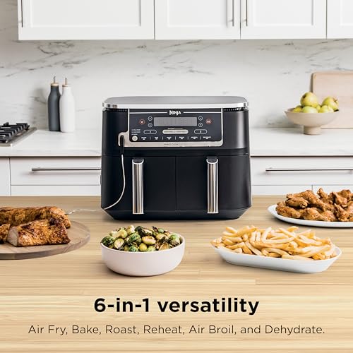 Ninja DZ550 Foodi 10 Quart 6-in-1 DualZone Smart XL Air Fryer with 2 Independent Baskets, Smart Cook Thermometer for Perfect Doneness, Match Cook and Smart Finish to Roast, Dehydrate and More, Black