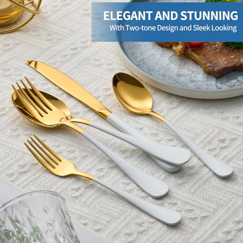 Moxinox 20-Piece White & Gold Silverware Set, 18/0 Stainless Steel Colorful Handle Flatware Set,Service for 4,Modern Cutlery Set Includes Dinner Knives Forks Spoons,Mirror Polished,Dishwasher Safe